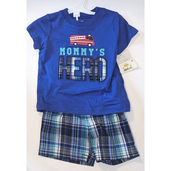 Carter's Fireman 2 piece set 9M Outfit Mommy's Hero Shirt Shorts‎ Blue Plaid - Picture 5 of 6